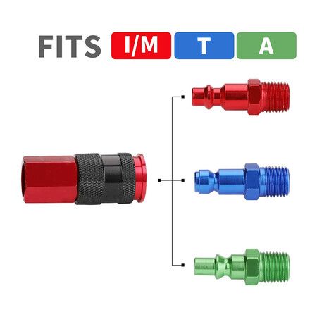 1/4 in x 25 ft Polyurethane Recoil Air Hose with Bend Restrictors Compressor Hose with 1/4 inch Industrial Universal Quick Coupler and I/M Plug Kit, Red