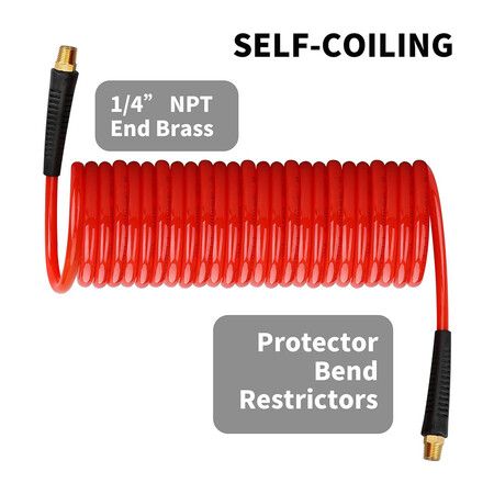 1/4 in x 25 ft Polyurethane Recoil Air Hose with Bend Restrictors Compressor Hose with 1/4 inch Industrial Universal Quick Coupler and I/M Plug Kit, Red