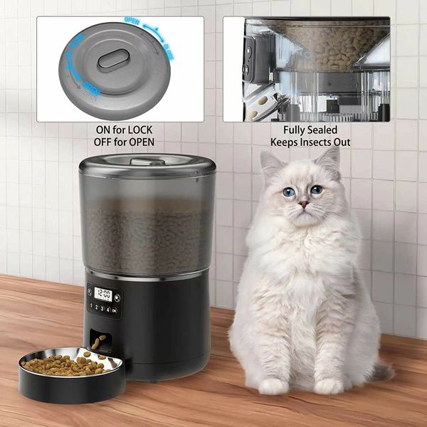 4L Automatic Smart Cat Feeders with LCD Display for Timer Cat Food Dispenser Stainless Steel Bowls(Black)