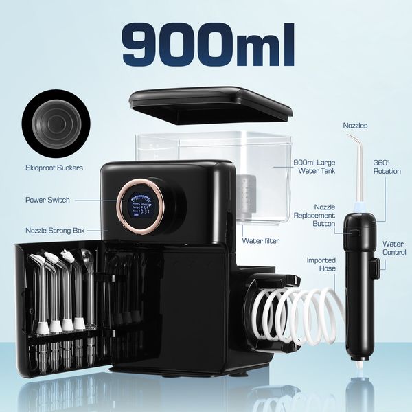 Water Flosser Tooth Cleaner Electric Oral Irrigator Dental Teeth Care 900ml Capacity With Filter UV Steriliser Black