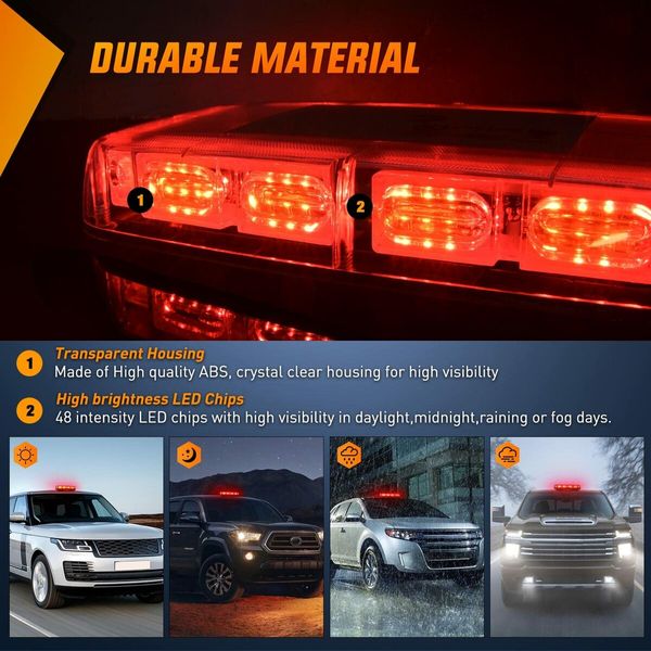 12 Inch Roof Top Strobe Lights 48LED Hazard  Emergency  Warning LED Flashing Light  Magnetic  12V 24V Cars Trucks Tractors Snow Plows Construction Vehicles