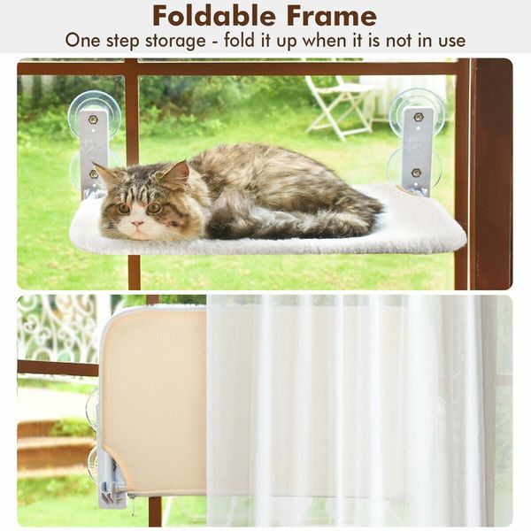 Cordless Cat Window Perch,Cat Hammock with 4 Suction Cups,Solid Metal Frame and Reversible Cover,Foldable Cat Beds for Indoor Cats (White,Medium)