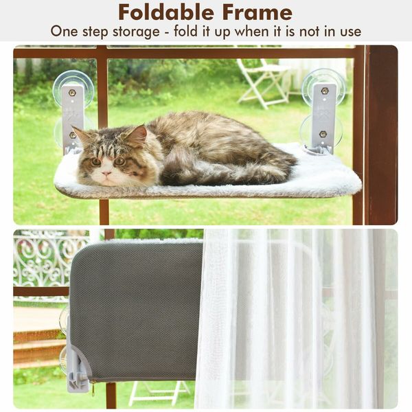 Cordless Cat Window Perch,Cat Hammock with 4 Suction Cups,Solid Metal Frame and Reversible Cover,Foldable Cat Beds for Indoor Cats (Grey,Large)