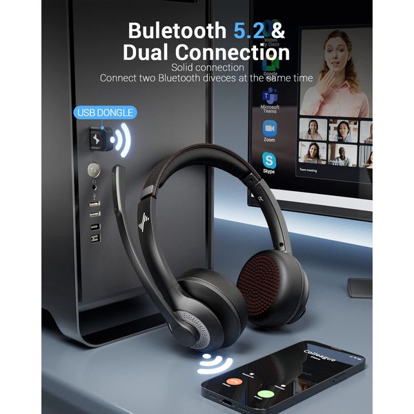 Wireless Headset with AI Noise Cancelling Microphone Bluetooth Headset,Bluetooth V5.2 Headphones with USB Dongle & Mic Mute