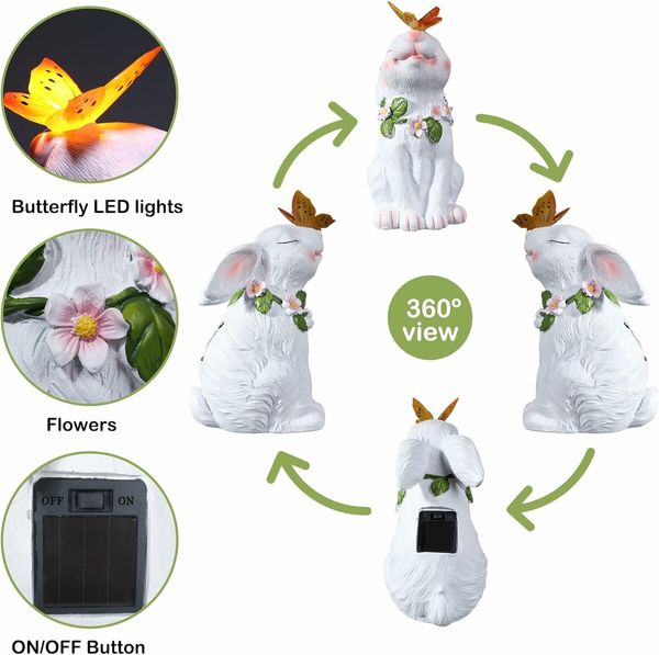 Garden Solar Outdoor Statues Rabbit Light, Patio Decor Easter Bunny with Butterfly Ornament for Lawn Balcony Yard