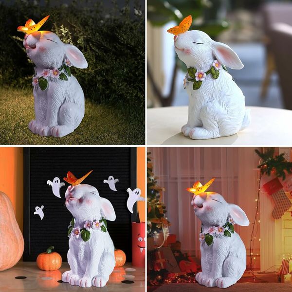 Garden Solar Outdoor Statues Rabbit Light, Patio Decor Easter Bunny with Butterfly Ornament for Lawn Balcony Yard