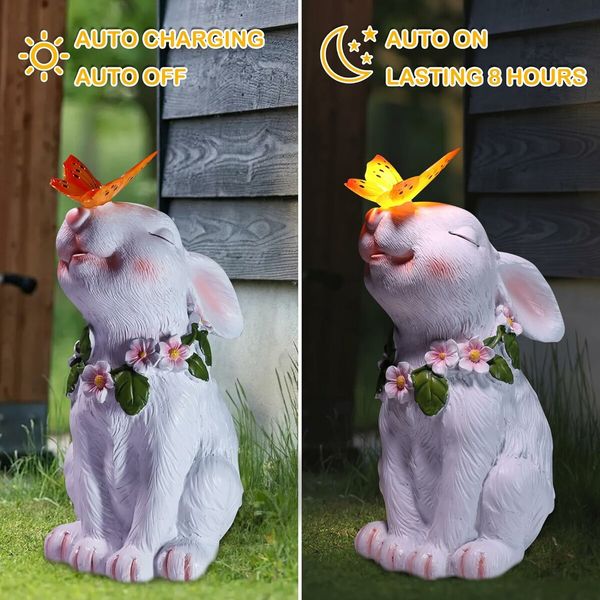 Garden Solar Outdoor Statues Rabbit Light, Patio Decor Easter Bunny with Butterfly Ornament for Lawn Balcony Yard