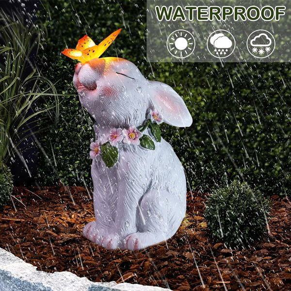 Garden Solar Outdoor Statues Rabbit Light, Patio Decor Easter Bunny with Butterfly Ornament for Lawn Balcony Yard