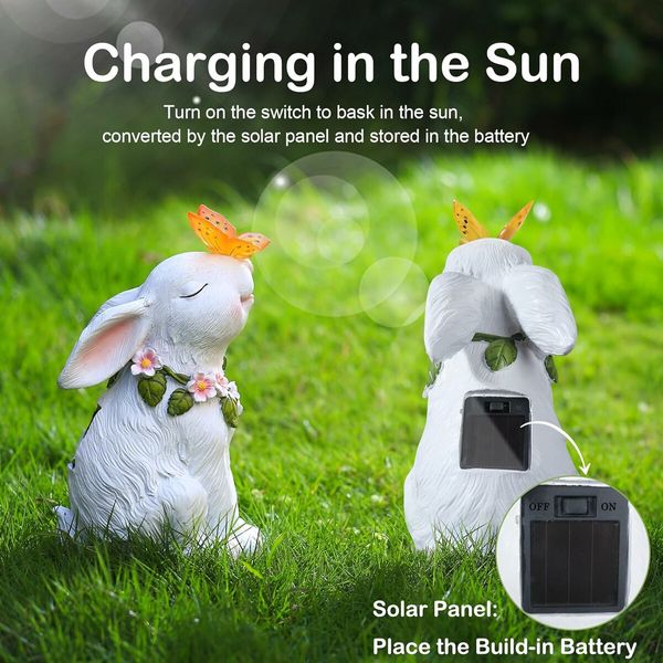 Garden Solar Outdoor Statues Rabbit Light, Patio Decor Easter Bunny with Butterfly Ornament for Lawn Balcony Yard