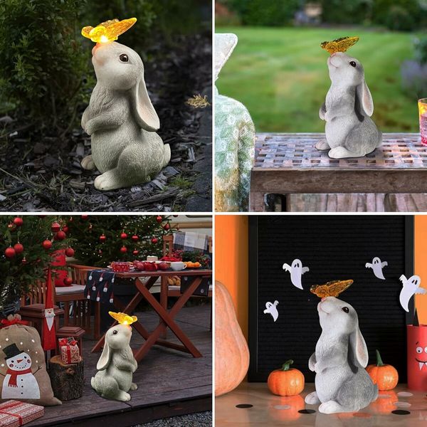 Garden Solar Outdoor Statues Rabbit Light, Patio Decor Easter Bunny with Butterfly Ornament for Lawn Balcony Yard Grey