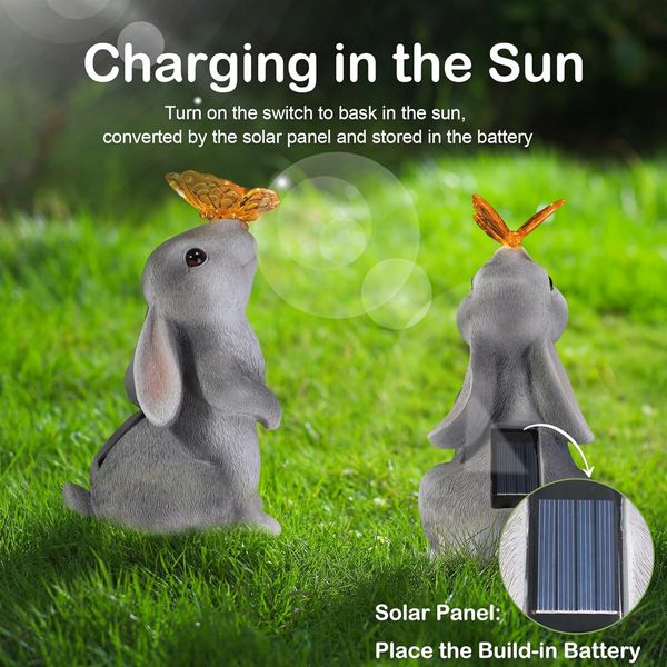 Garden Solar Outdoor Statues Rabbit Light, Patio Decor Easter Bunny with Butterfly Ornament for Lawn Balcony Yard Grey