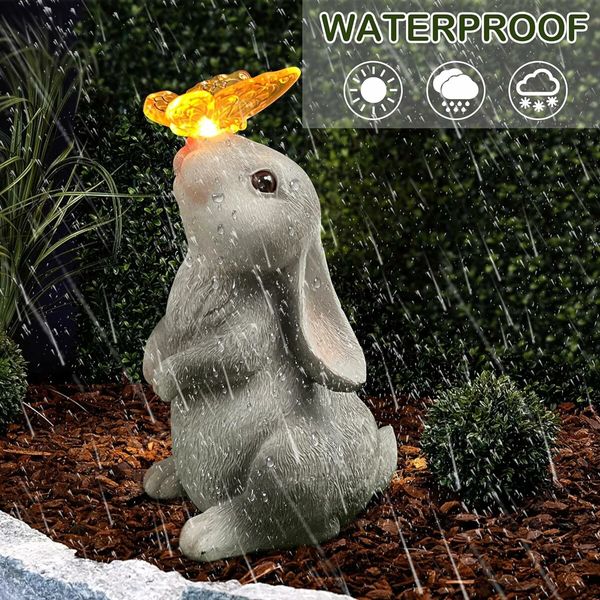 Garden Solar Outdoor Statues Rabbit Light, Patio Decor Easter Bunny with Butterfly Ornament for Lawn Balcony Yard Grey