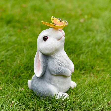 Garden Solar Outdoor Statues Rabbit Light, Patio Decor Easter Bunny with Butterfly Ornament for Lawn Balcony Yard Grey