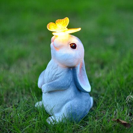 Garden Solar Outdoor Statues Rabbit Light, Patio Decor Easter Bunny with Butterfly Ornament for Lawn Balcony Yard Grey