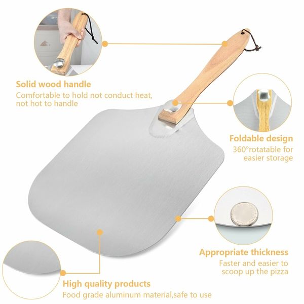 Aluminum Metal Pizza Peel with Foldable Wooden Handle 12x14 Inch Pizza Spatula for Oven,Baking Homemade Pizza Bread