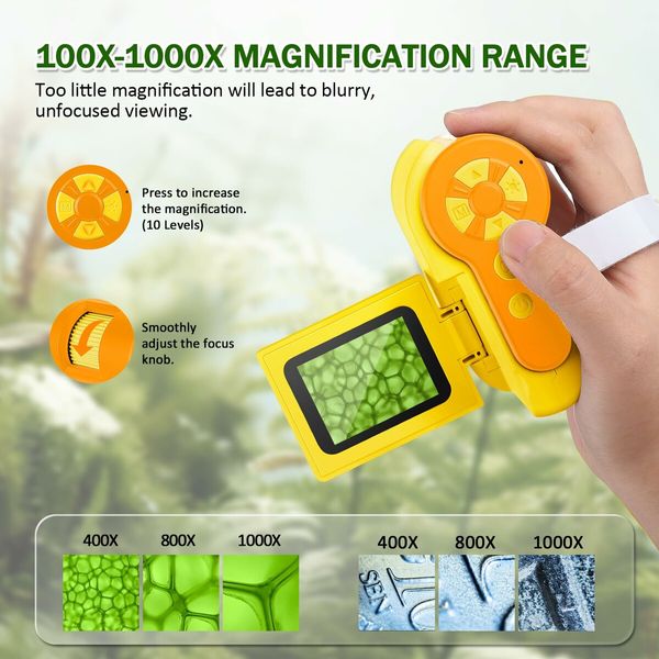 Microscope for Kids,1000X Handheld Microscope with 6 Adjustable LED Lights,2" LCD Screen Mini Microscope Valentines Day Gifts for Kids Age3+,32GB SD Card Including - Yellow