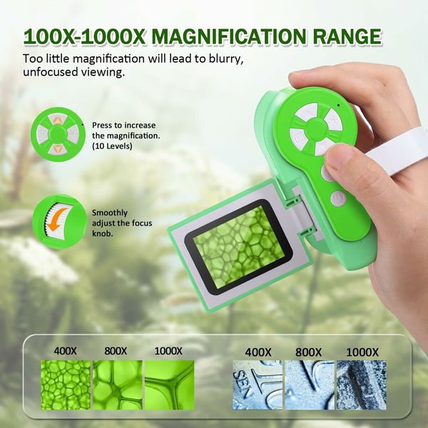 Microscope for Kids,1000X Handheld Microscope with 6 Adjustable LED Lights,2In LCD Screen Mini Microscope Valentines Day Gifts for Age3+,32GB SD Card Including - Green