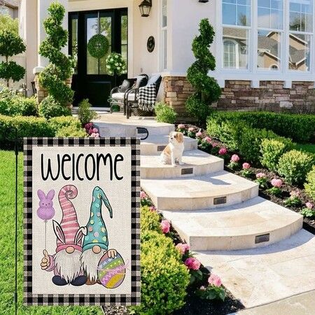 Easter Garden Flag, Floral Gnomes Double Sided Vertical Rustic Farmhouse Yard Outdoor Seasonal Decoration 12x18 Inch