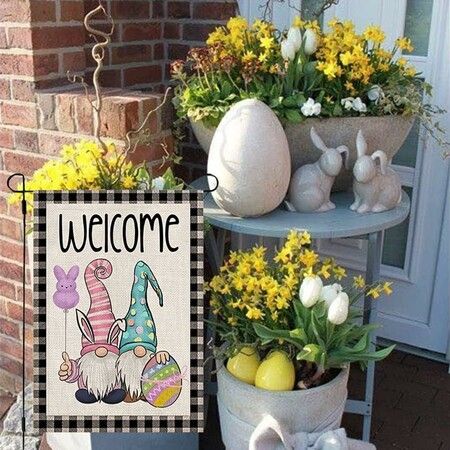 Easter Garden Flag, Floral Gnomes Double Sided Vertical Rustic Farmhouse Yard Outdoor Seasonal Decoration 12x18 Inch