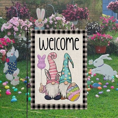 Easter Garden Flag, Floral Gnomes Double Sided Vertical Rustic Farmhouse Yard Outdoor Seasonal Decoration 12x18 Inch