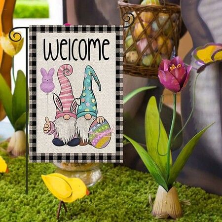 Easter Garden Flag, Floral Gnomes Double Sided Vertical Rustic Farmhouse Yard Outdoor Seasonal Decoration 12x18 Inch