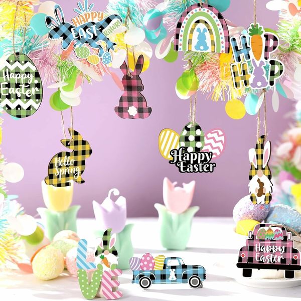 24 PCS (Plaid)12 Styles Easter Wooden Ornaments for Happy Easter Egg Gnome Bunny Chick Cutouts Wood Hanging Ornament Spring Easter Wooden Slice Decor