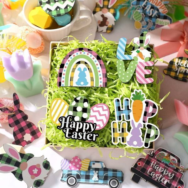 24 PCS (Plaid)12 Styles Easter Wooden Ornaments for Happy Easter Egg Gnome Bunny Chick Cutouts Wood Hanging Ornament Spring Easter Wooden Slice Decor