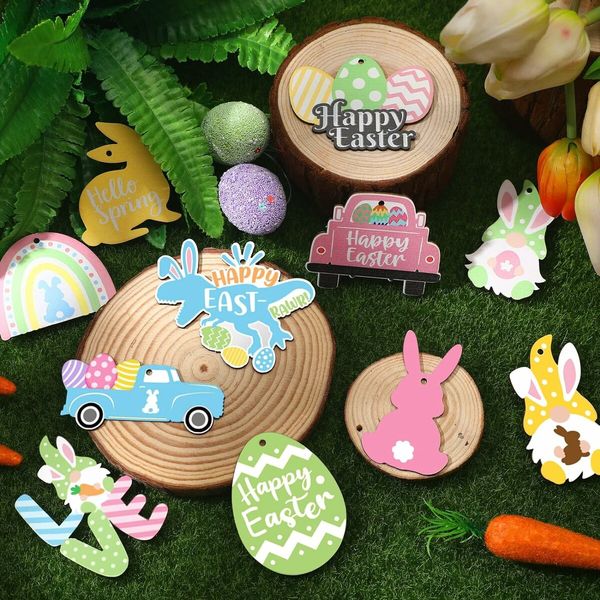 24 PCS (Truck)12 Styles Easter Wooden Ornaments for Tree Easter Egg Gnome Bunny Chick Cutouts Wood Hanging Ornament Spring Easter Wooden Slice Decor