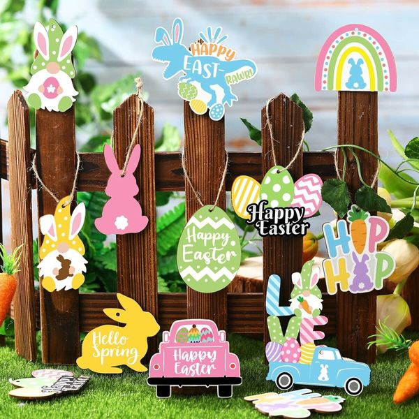 24 PCS (Truck)12 Styles Easter Wooden Ornaments for Tree Easter Egg Gnome Bunny Chick Cutouts Wood Hanging Ornament Spring Easter Wooden Slice Decor