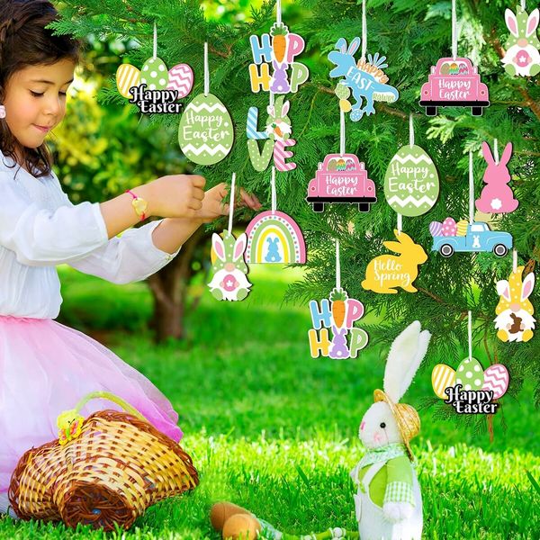 24 PCS (Truck)12 Styles Easter Wooden Ornaments for Tree Easter Egg Gnome Bunny Chick Cutouts Wood Hanging Ornament Spring Easter Wooden Slice Decor