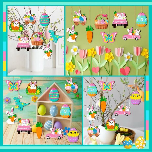 24 PCS (Rabbit)12 Styles Easter Wooden Ornaments for Tree Easter Egg Gnome Bunny Chick Cutouts Wood Hanging Ornament Spring Easter Wooden Slice Decor