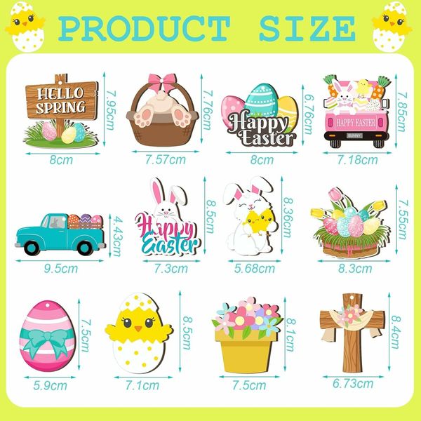 24 PCS (Egg) 12 Styles Easter Wooden Ornaments for Tree Easter Egg Gnome Bunny Chick Cutouts Wood Hanging Ornament Spring Easter Wooden Slice Decor