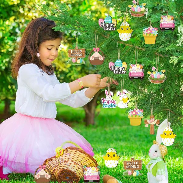 24 PCS (Egg) 12 Styles Easter Wooden Ornaments for Tree Easter Egg Gnome Bunny Chick Cutouts Wood Hanging Ornament Spring Easter Wooden Slice Decor