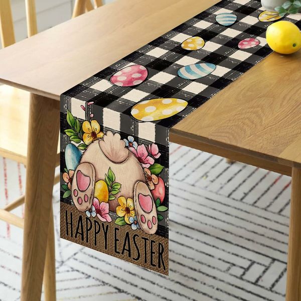 Easter Bunny Table Runner Black Buffalo Eggs Dining Table Decoration Flowers Spring Burlap Home Decor Holiday Party (13 x 72 Inch)