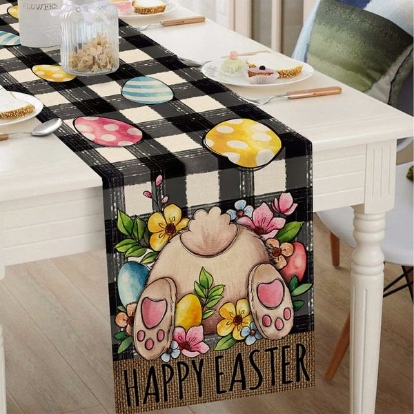 Easter Bunny Table Runner Black Buffalo Eggs Dining Table Decoration Flowers Spring Burlap Home Decor Holiday Party (13 x 72 Inch)