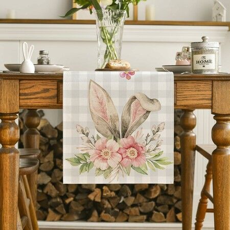 Easter Table Runner Rabbit Ears Buffalo Plaid Table Runner for Spring Summer Holiday Kitchen Dining Indoor Outdoor Party Decorations 13 x 72 Inch