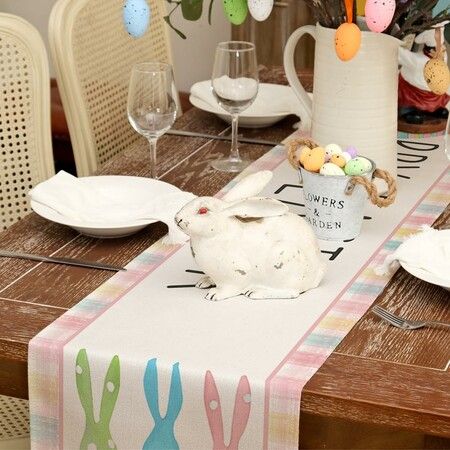 Happy Easter Table Runner 13 x 72 Inch Bunny Rabbit Pink Spring Holiday Burlap Buffalo Plaid Home Table Decor