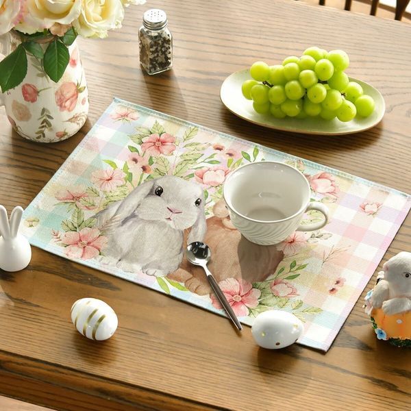 Set of 4 Easter Plaid Bunny Rabbit Flowers Buffalo Plaid Placemats 12x18 Inch for Party Kitchen Dining Room Decoration