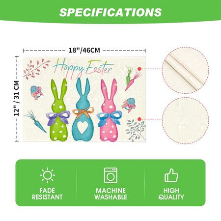 Set of 4 Spring Placemats 12x18 Inch Green Pink Rabbit Bunny Table Mats for Party Kitchen Dining Room Decoration