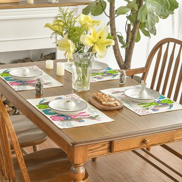 Set of 4 Spring Placemats 12x18 Inch Green Pink Rabbit Bunny Table Mats for Party Kitchen Dining Room Decoration