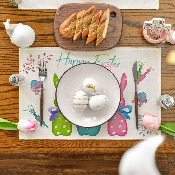 Set of 4 Spring Placemats 12x18 Inch Green Pink Rabbit Bunny Table Mats for Party Kitchen Dining Room Decoration