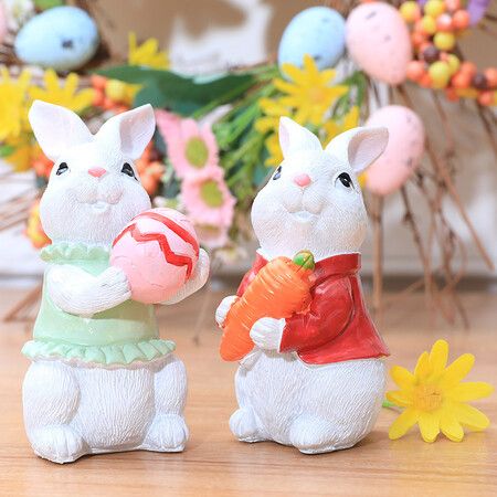 2 Pcs Resin Rabbit Ornament Craft Bunny Figurines Easter Miniature Models Decor (5*5*10 CM)