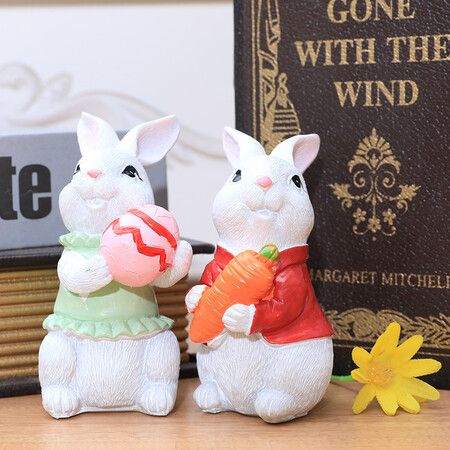 2 Pcs Resin Rabbit Ornament Craft Bunny Figurines Easter Miniature Models Decor (5*5*10 CM)