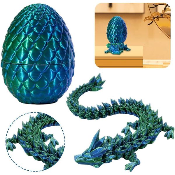 3D Printed Dragon in Egg,Full Articulated Dragon Crystal Dragon with Dragon Egg,Flexible Joints Home Decor Executive Desk Toys,Home Office Decor Executive Desk Toys (Laser Green)