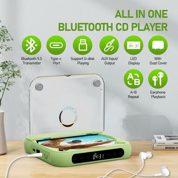 CD Player Portable with Bluetooth,Rechargeable CD Player for Car with Anti-Skip,LCD Touch Screen,Support AUX in Cable&USB for Home,Gift,Green