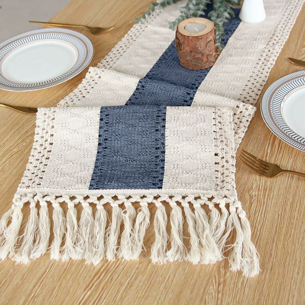 Table Runner for Home Decor 108 Inches Long Farmhouse Rustic Table Runner Cream & Blue Macrame Table Runner with Tassels for Boho Dining Bedroom Decor Rustic Bridal Shower (12x108 Inches)