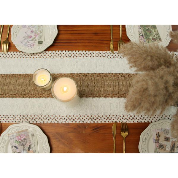 Table Runner for Home Decor 108 Inches Long Farmhouse Rustic Table Runner Cream & Brown Macrame Table Runner with Tassels for Boho Dining Bedroom Decor Rustic Bridal Shower (12x108 Inches)