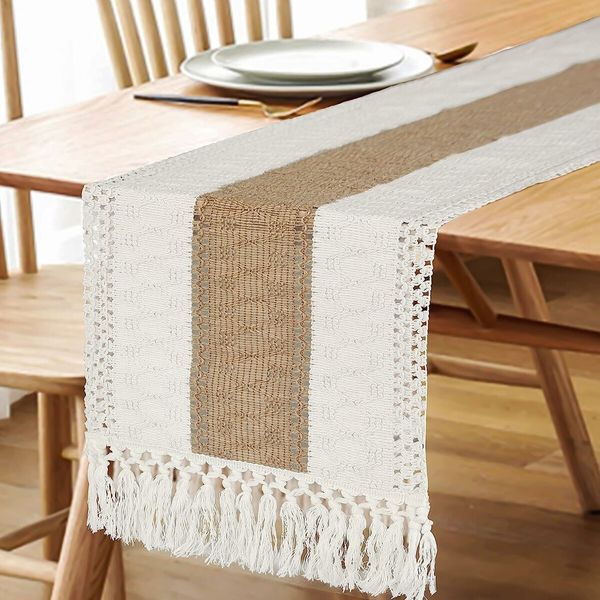 Table Runner for Home Decor 72 Inches Long Farmhouse Rustic Table Runner Cream & Brown Macrame Table Runner with Tassels for Boho Dining Bedroom Decor Rustic Bridal Shower (12x72 Inches)