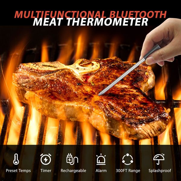 BBQ Meat Thermometer Food Cooking 91m Wireless Bluetooth Temp Probe Beef Grill Oven Smoker Instant Read Waterproof Outdoor Kitchen Digital