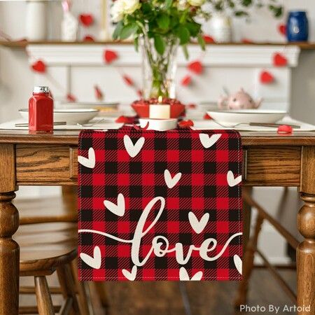 Red Black Buffalo Plaid Love Valentines Day Table Runner,Seasonal Anniversary Kitchen Dining Table Decoration for Home Party Decor 13x72 Inch